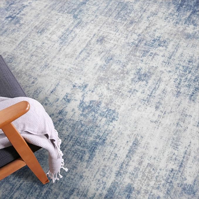 IOHOUZE Abstract Area Rugs 5x7 Ft Washable Rugs for Living Room, Non Slip Dining Room Rug, Printed Faux Wool Rugs for Bedroom, Floor Carpet for Office Nursery Playroom, Light Blue White