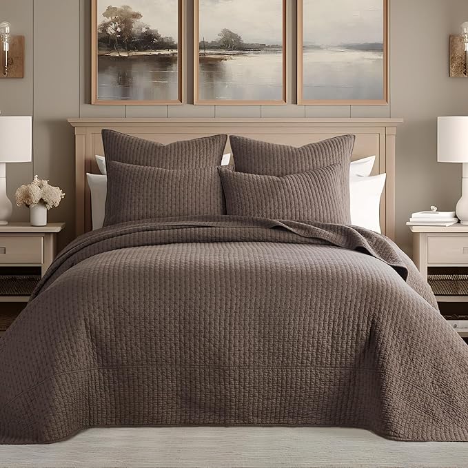 Levtex Home Cross Stitch Reversible Queen Bedspread Set (104x106in) with 2 Pillow Shams (26x20in) - Stitch Texture - Cocoa - Cotton Queen Size Bedspread Set - Lightweight, Soft, Pre-Washed