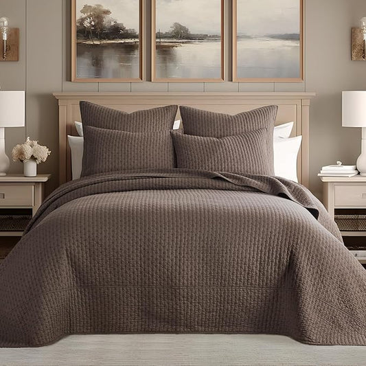 Levtex Home Cross Stitch Reversible Queen Bedspread Set (104x106in) with 2 Pillow Shams (26x20in) - Stitch Texture - Cocoa - Cotton Queen Size Bedspread Set - Lightweight, Soft, Pre-Washed