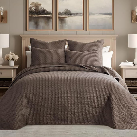 Levtex Home Cross Stitch Reversible Twin Bedspread Set (84x104in) with 1 Pillow Sham (26x20in) - Stitch Texture - Cocoa - Cotton Twin Size Bedspread Set - Lightweight, Soft, Pre-Washed