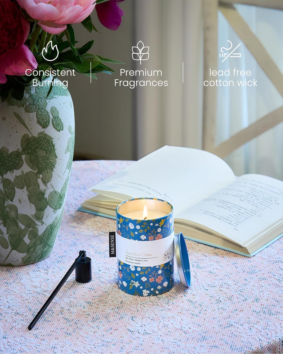 M&SENSE Sea Island Cotton Scented Candle, Medium Jar Candle 11.3oz Natural Soy Wax for Home Scented, Floral Candles Gift for Spring Holiday, Up to 70 Hours Burning Long-Lasting Fragrance