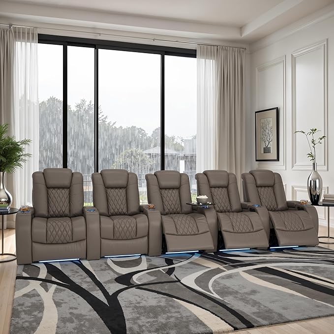 Seatcraft Diamante Zero-Gravity CoolZero Italian Leather Home Theater Seating, Power Headrest, Power Recline, Row of 5, Gray