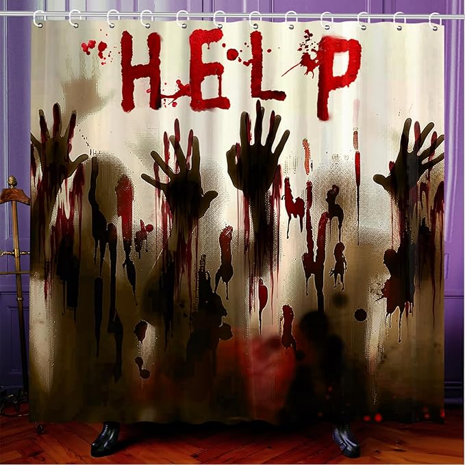 8 Pcs Halloween Help Me Shower Curtain Set for Bathroom Include Scary Ghost Shadow Bloody Hands Shower Curtain Towels Non Slip Rugs Toilet Lid Cover Bath Mat and 12 Hooks for Bathroom Decor