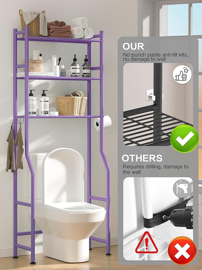 3-Tier Over The Toilet Storage, Space Saver Metal Bathroom Shelves, Freestanding Above Over Toilet Storage Shelf with 4 Hooks for Bathroom, Purple