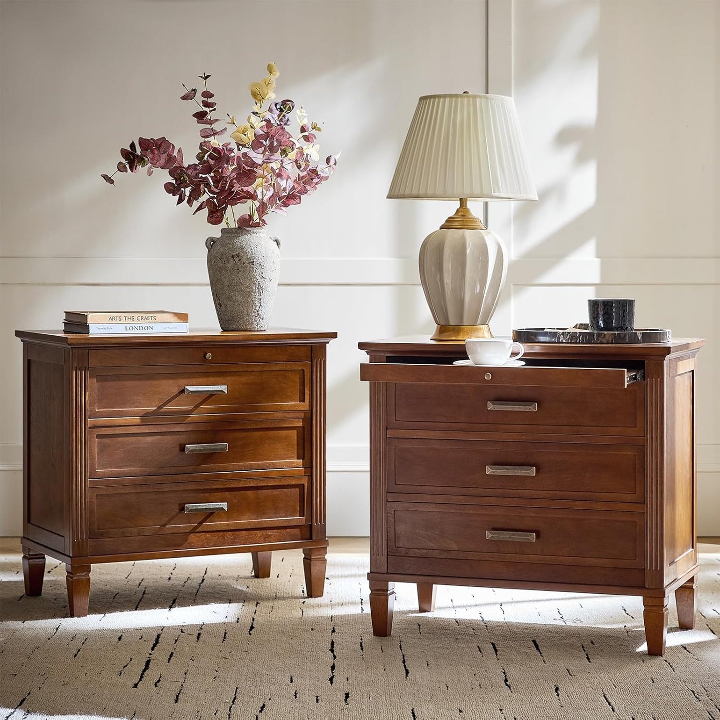 HULALA HOME Farmhouse Nightstand with Charging Station, Pull-Out Tray, 3 Drawers Nightstand with Solid Wood Legs, Wood Veneer Bedside Table with Open Shelf Set of 2, Walnut