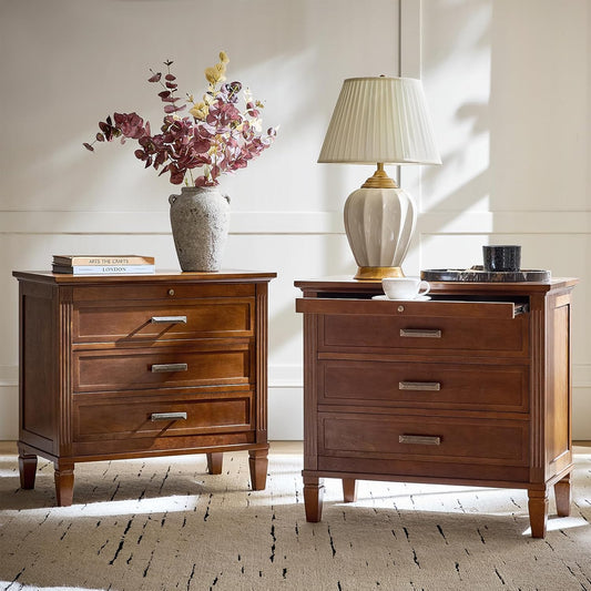 HULALA HOME Farmhouse Nightstand with Charging Station, Pull-Out Tray, 3 Drawers Nightstand with Solid Wood Legs, Wood Veneer Bedside Table with Open Shelf Set of 2, Walnut