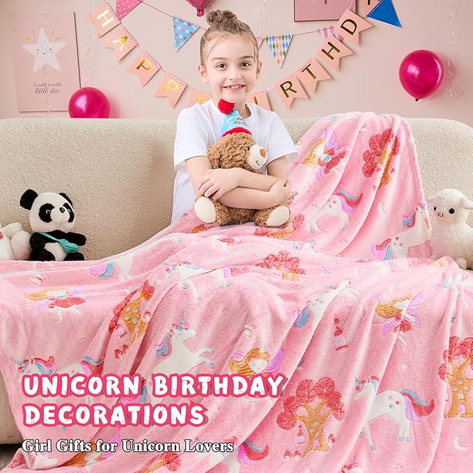 inhand Unicorn Toys Glow in The Dark for Blanket,Unicorn Gifts for Girls Age 1 2 3 4 5 6 7 8 9 10 11 12 13 Birthday Halloween Christmas Cute Soft Room Decor Kids Blanket Pink 50"X60"