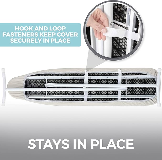 HOME GENIE Ironing Board Cover, Silicone Coating, Full Size Scorch Resistant Padding, Elastic Edge Heavy Duty Iron Pad Covers Standard Boards, Hook and Loop Fastener Strap Extra Thick, Linen