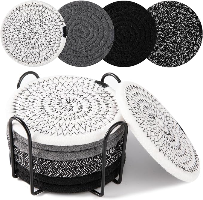 OIAHOMY 8 Pcs Coasters with Holder, Coasters for Drinks, Woven Cotton Absorbent Coaster Set for Kinds of Cups, Housewarming Gifts for Home Decor -Black