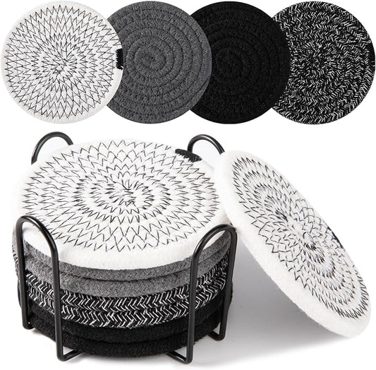 OIAHOMY 8 Pcs Coasters with Holder, Coasters for Drinks, Woven Cotton Absorbent Coaster Set for Kinds of Cups, Housewarming Gifts for Home Decor -Black