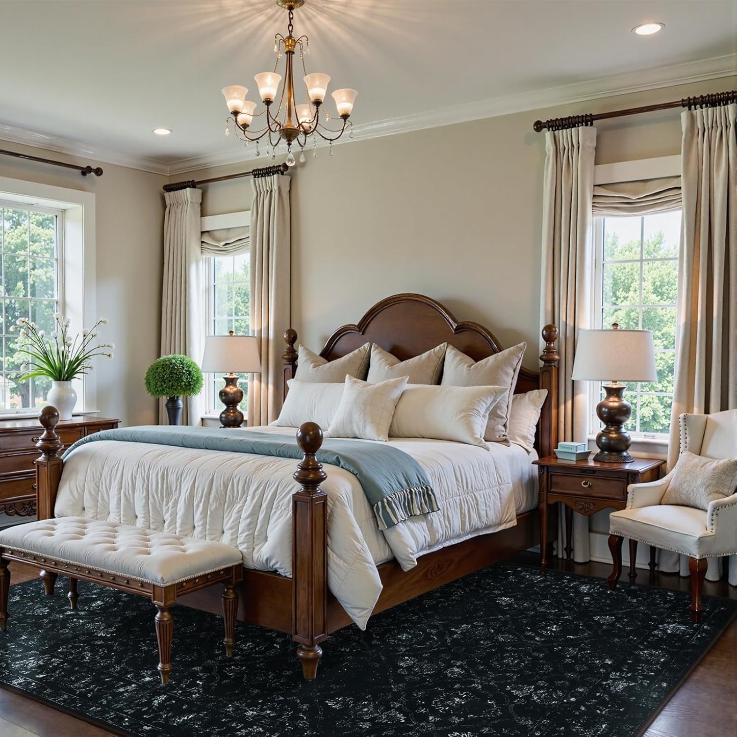 Vintage Black Rugs for Living Room, Ultra-Thin Washable Rugs 8x10 for Bedroom Non Slip, Non Shedding Soft Boho Carpet Rug for Dining Room Office (8'x10', Black)