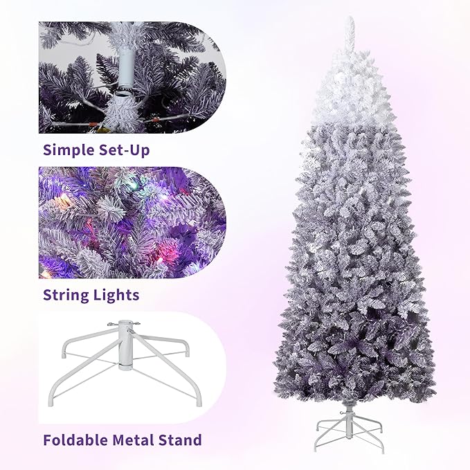 GarveeHome 7.5ft Snow Flocked Pencil Christmas Tree, Slim Artificial Christmas Tree with Sturdy Metal Stand, Skinny Xmas Tree Holiday Decoration for Home, Office, Purple Gradient