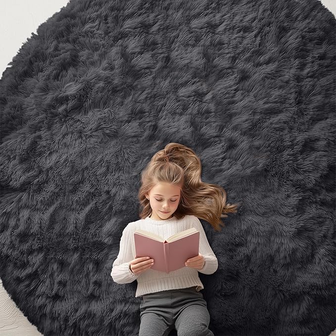 OLANLY Black Round Rugs for Bedroom - Machine Washable, 8 ft Circle Area Rugs for Living Room, Soft and Fluffy Shaggy Carpet for Teen Girls and Boys, Nursery Rooms, Dorms, Home Decor Aesthetic