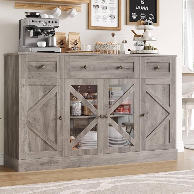 Keyluv Buffet Sideboard 55" Large Storage Cabinet 4 Doors and 3 Drawers, Farmhouse Wooden Coffee Bar Space-Saved Cupboard Furniture for Dining Room, Kitchen, Living Room, Grey Brown