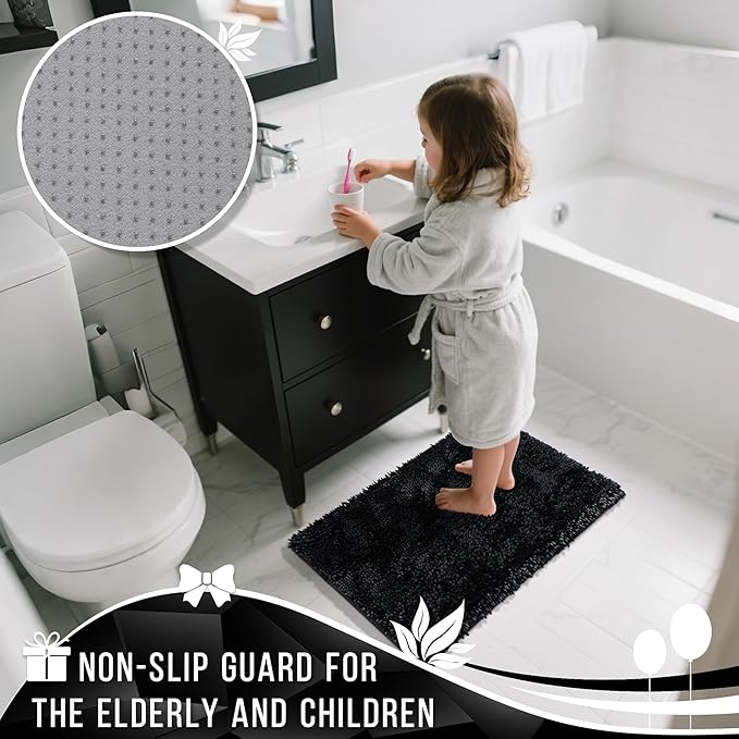 Yimobra Long Bathroom Rugs Runner 60x24 Inch, Extra Thick Soft Absorbent Chenille Bath Mat, Non Slip Machine Washable, Quick Dry Bath Rugs for Bathroom Floor, Tub and Shower, Black