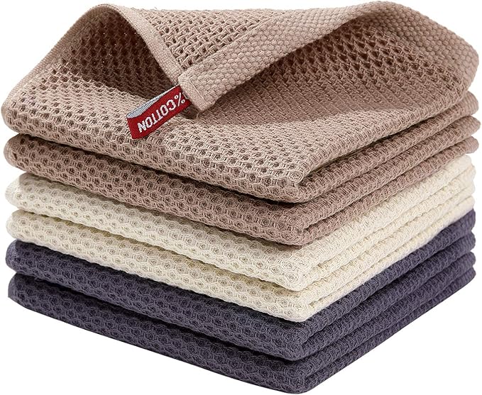 Homaxy 100% Cotton Waffle Weave Kitchen Dish Cloths, Ultra Soft Absorbent Quick Drying Dish Towels, 12 x 12 Inches, 6-Pack, Mixed Color
