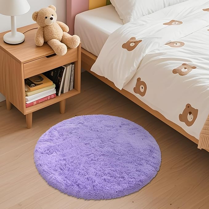 OLANLY Light Purple Round Rugs for Bedroom - Machine Washable, 2 ft Circle Area Rugs for Living Room, Soft and Fluffy Shaggy Carpet for Teen Girls and Boys, Nursery Rooms, Dorms, Home Decor Aesthetic