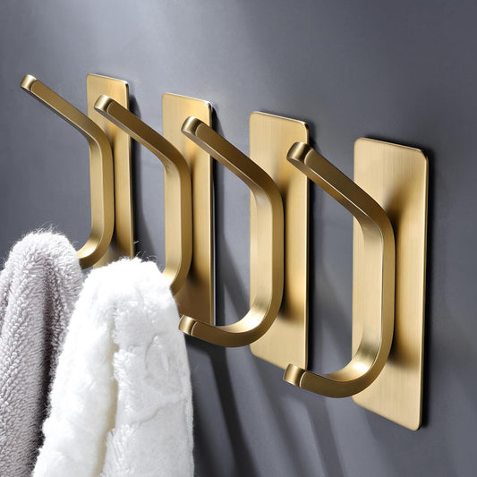 DELITON Gold Adhesive Hooks - 4 Pack Heavy Duty Stainless Steel Towel Hooks for Bathroom, Kitchen, No Drill Stick on Wall Hook for Hanging Robe, Coat, Clothes