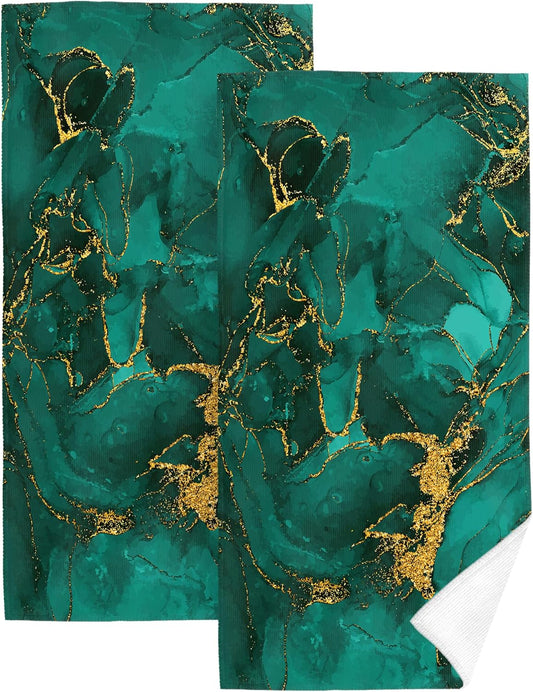 Emerald Dark Green Bath Hand Towels for Bathroom 14"x28" Set of 2, Soft Absorbent Turquoise Marble Decorative Hand Towels for Gym Yoga Spa Beach Home Kitchen Green Bathroom Decor