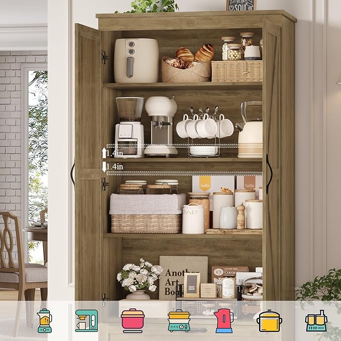 HOSTACK 70" Tall Kitchen Pantry Storage, Barn Doors Pantry Cabinet with Drawers and Adjustable Shelf, Modern Farmhouse Storage Cabinet for Kitchen, Dining Room, Living Room, Bathroom, Rustic Brown