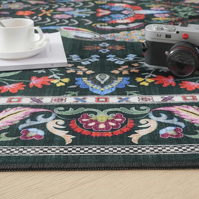 3x5 Rug Washable Area Rug Floral Office Rug Non Slip Small Carpet for Bedroom, Bedside, Kitchen, Entryway, Kids Room, Office (Emerald Green)