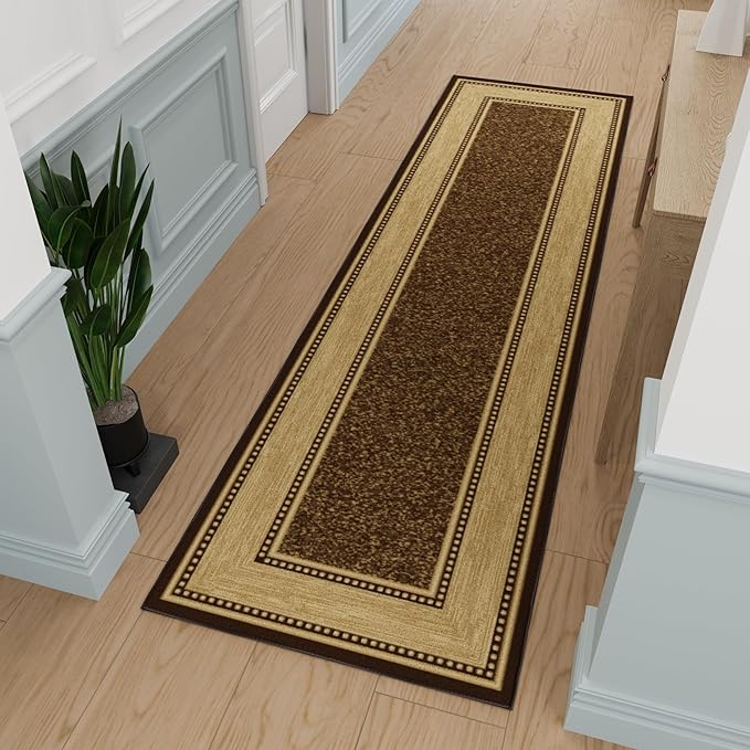 Ottomanson Hallway Runner Rug 2'7" x 9'10" Non Slip Border Area Rugs Easy to Clean Laundry Rug Runner Durable & Pet Friendly Floor Carpet Runners for Hallways Entryway Living Room Kitchen, Brown