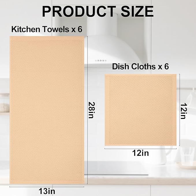 Homaxy 100% Cotton Kitchen Towels and Dishcloths Set, 12 x 12 Inches and 13 x 28 Inches, Set of 12 Bulk Kitchen Towels Set, Ultra Soft Absorbent Dish Cloths for Washing Dishes, Apricot