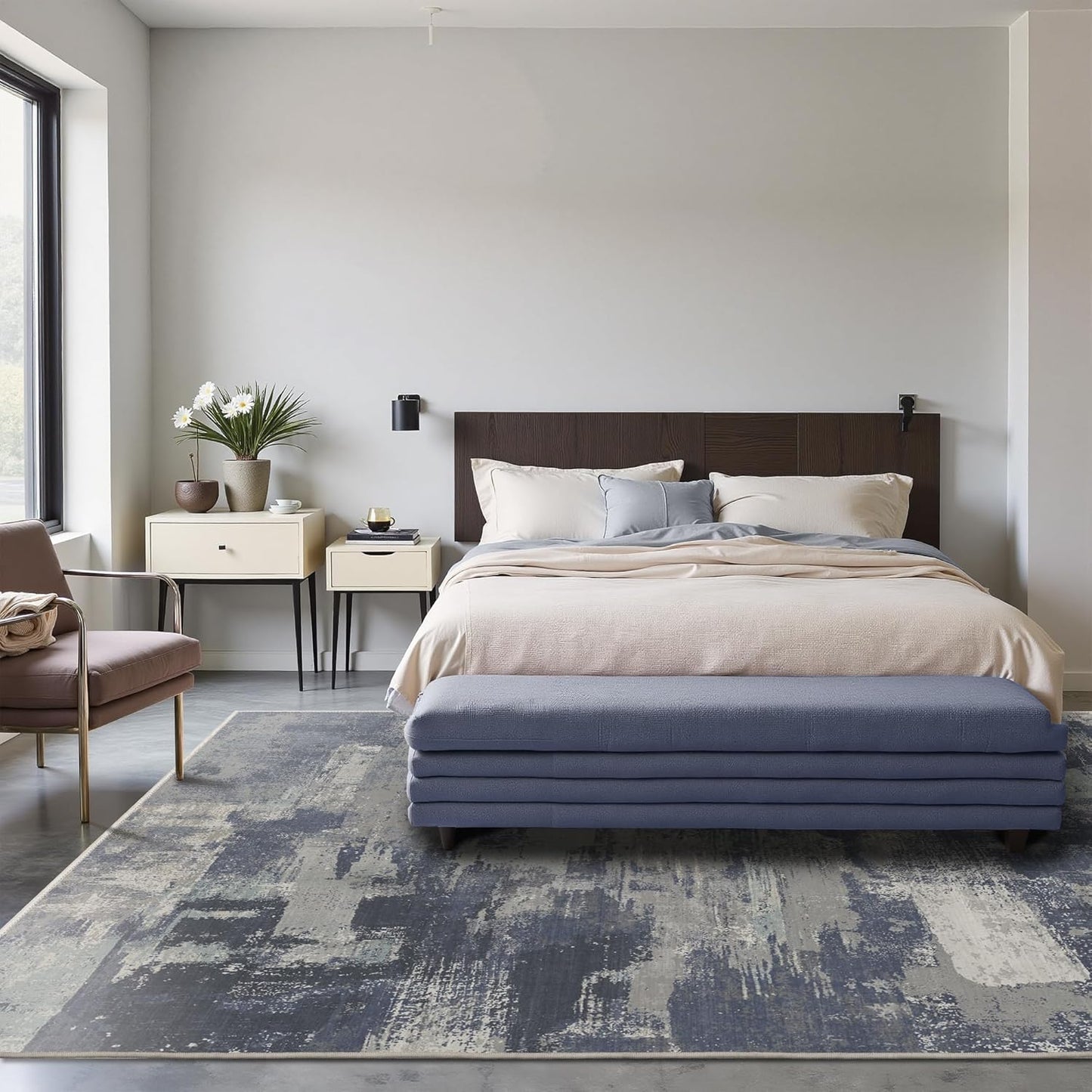 Area Rugs 8x10 for Living Room Bedroom, Modern Abstract Machine Washable Large Soft Navy Blue Rug, Low Pile Floor Carpet with Non Slip Backing for Dining Room, Harbor/Navy Blue