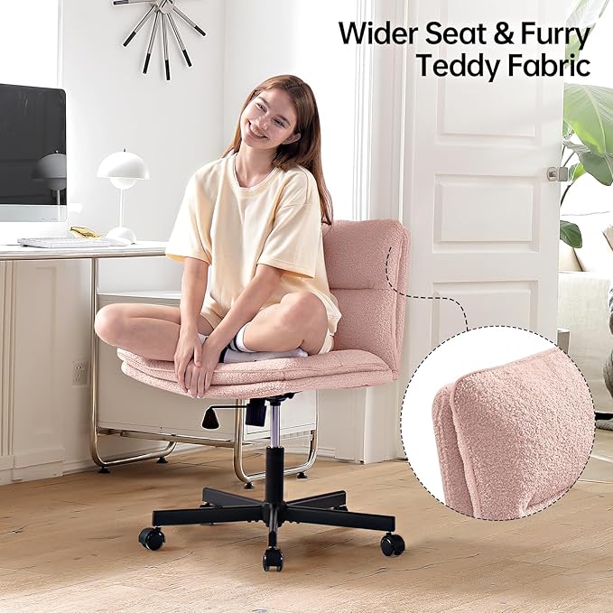 EMIAH Pink Criss Cross Armless Office Desk Chair with Wheels, Faux Fur, Comfy Mid-Back, Swivel, for Home Office