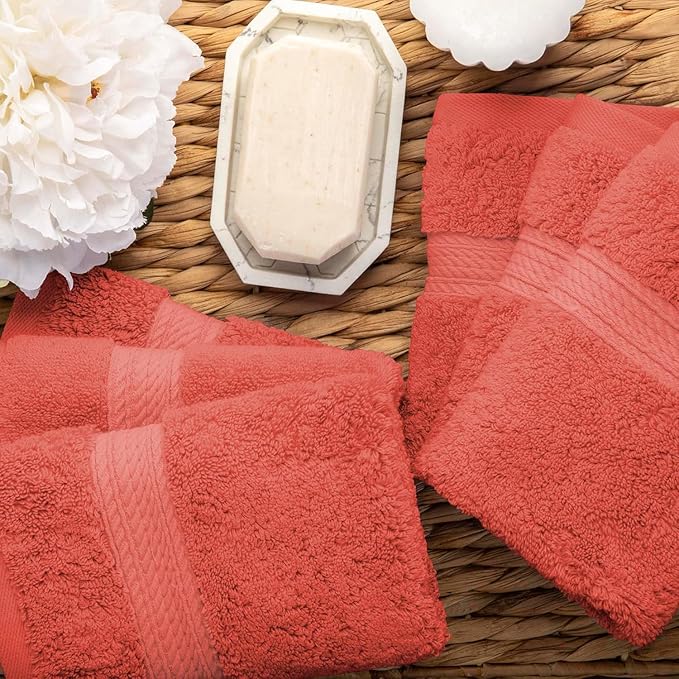 Superior Egyptian Cotton Pile Face Towel/Washcloth Set of 6, Ultra Soft Luxury Towels, Thick Plush Essentials, Absorbent Heavyweight, Guest Bath, Hotel, Spa, Home Bathroom, Shower Basics, Coral