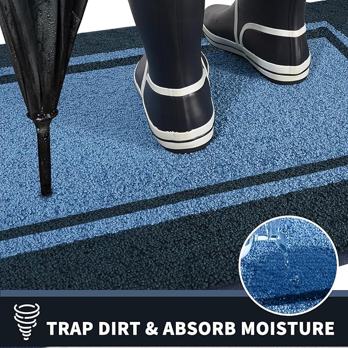 PURRUGS Dirt Trapping Door Mat 20" x 32", Non-Slip/Skid Machine Washable Entryway Rug, Shoes Scraper, Area Rug, Super Absorbent Welcome Mat for Muddy Wet Shoes and Paws, Light Blue & Navy