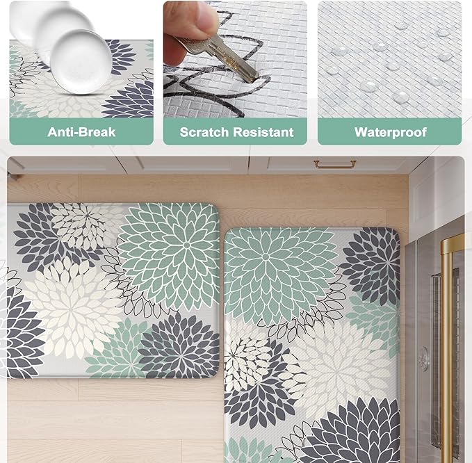 KIMODE Cushioned Anti Fatigue Rugs Sets of 2, Ergonomic Standing Kitchen Mat 2PCS, Boho Kitchen Mats for Floor Stain Resistant, Non Slip Kitchen Sink Rug Waterproof, 20"x32"+20"x47", Teal