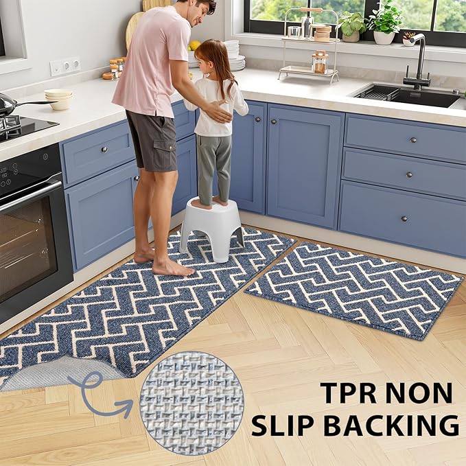 hicorfe Kitchen Rugs and Mats Sets,Non-Slip 2 Pieces Absorbent 100% Polypropylene Rug,Comfort Kitchen Runner Mat,Washable for Kitchen,Sink,Laundry(20" x 31.5" Plus 20" x 48",Navy Blue)