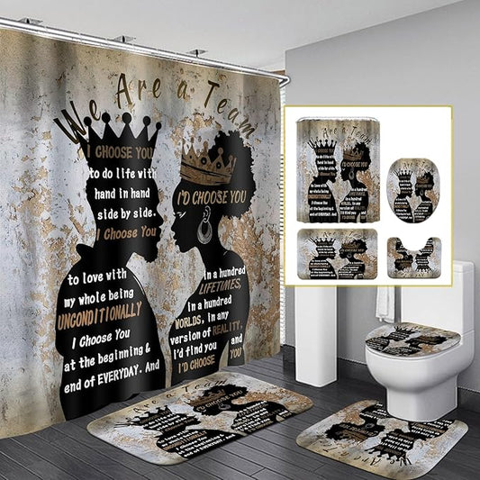 4Pcs Black Man Women Shower Curtain Set with Rugs Toilet Lid Cover Bath Mat, Romantic Couples Bathroom Decor Sets with Shower Curtain and Hooks, Waterproof Fabric King Queen Sets