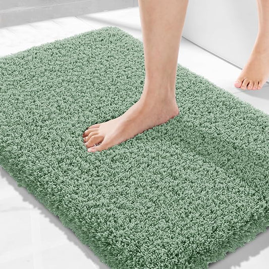 Yimobra Luxury Fluffy Bathroom Rugs, Super Elastic Soft Thick Plush Bath Mat, Non-Slip Water Absorbent, Easier to Dry, Sturdy Shaggy Microfiber Carpet for Bathtub, 32"x 20", Pure Light Green