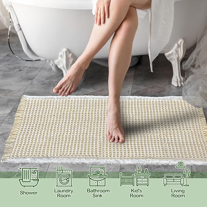 ZALL Beige Waffle Bath Mat,Super Absorbent Non Slip Bathroom Rug,Cream 24x36inch,Machine Washable Ultra Soft Floor Mats