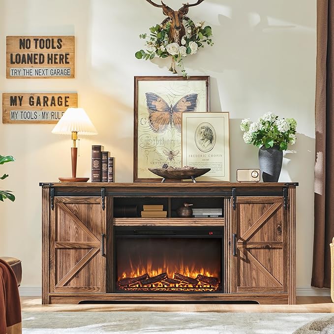 JXQTLINGMU Farmhouse Fireplace TV Stand for 80 Inch TV, 32" Tall Entertainment Center w/Drawer & Sliding Barn Door, 70 Inch Highboy Media Console for Living Room, Brown