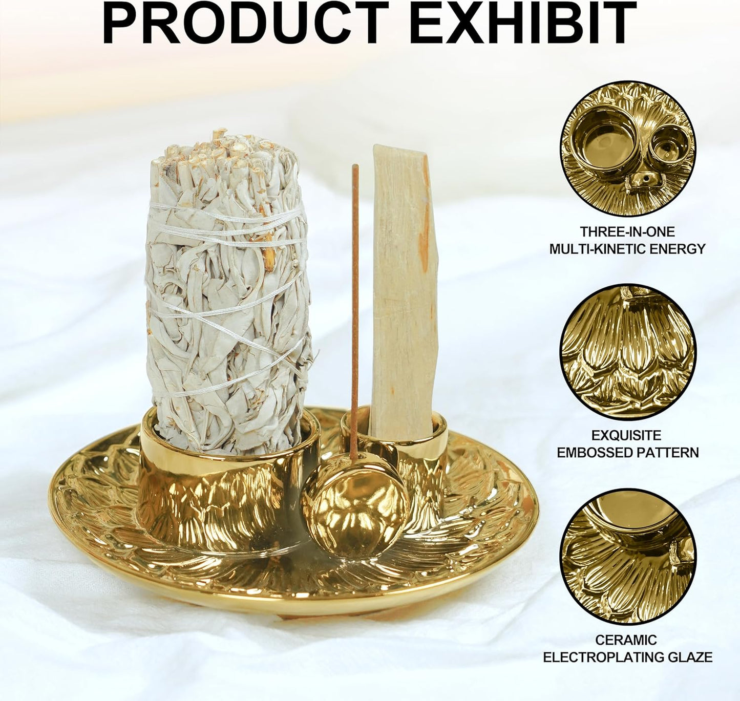 4 in 1 Incense Holder, Ceramic Incense Stick and Palo Santo Holder,Sage Holder for Burning- 5.5" Ceramic Ash Catcher Tray for Meditation and Yoga Room (Golden)