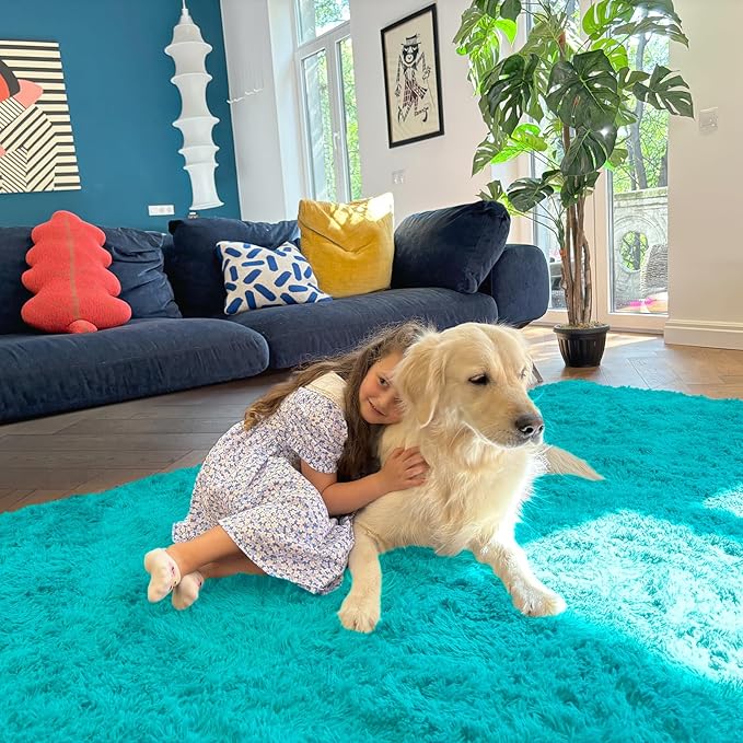OLANLY Area Rugs for Living Room Bedroom, Machine Washable 4x5.9 ft Soft Fluffy Shaggy Bedside Rug, Indoor Floor Carpet for Kids Girls and Boys, Dorms, Nursery Rooms, Home Decor Aesthetic, Teal Blue