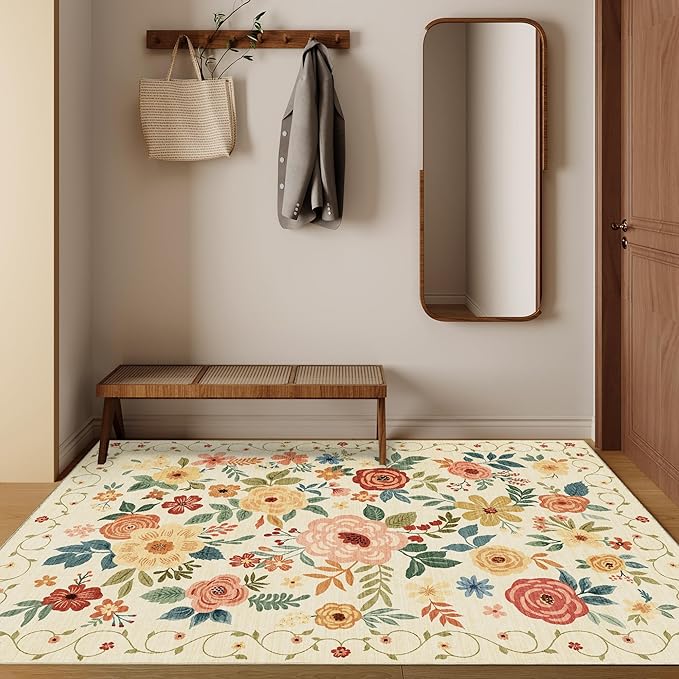 DUKINO 4x6 Area Rug, Lightweight Non Slip Washable Floral Rug, Indoor Low Pile & Non-Shedding Boho Design Rugs for Bedroom, Living Room, Dining Room, Beige Yellow