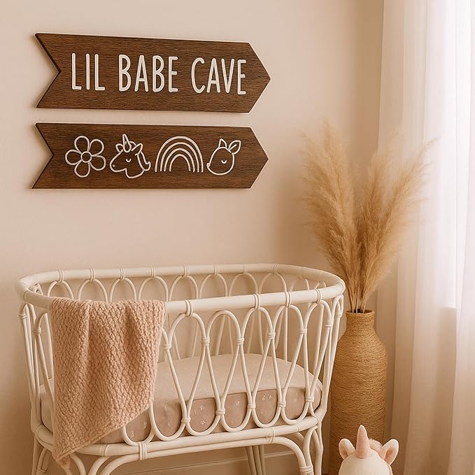 Baby Girl Nursey Wall Decor - 2 pcs 14" x 5" Babe Cave Sign, Baby Girl Room Decorations Wall Art, Woodland Nursery Decor, Brown