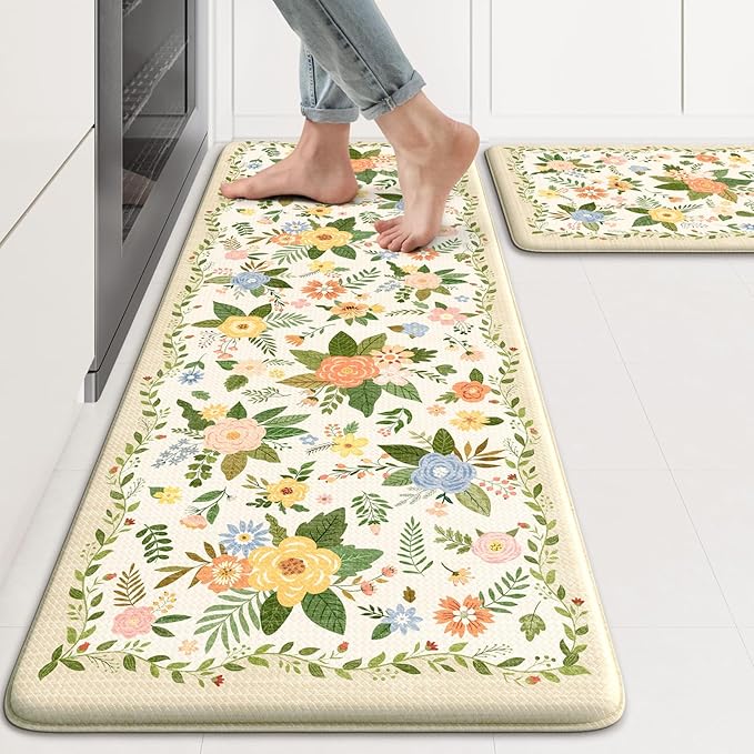 KIMODE Kitchen Mats for Floor Anti Fatigue, Beige Boho Kitchen Rugs Non Slip, Padded Kitchen Floor Mats, Memory Foam Kitchen Mats Cushioned, Standing Desk Mat for Laundry Office Sink 17"x47"+17"x29"