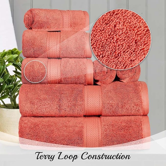 Superior Egyptian Cotton Pile Hand Towel Set of 4, Ultra Soft Luxury Towels, Thick Plush Essentials, Absorbent Heavyweight, Guest Bath, Hotel, Spa, Home Bathroom, Shower Basics, Coral