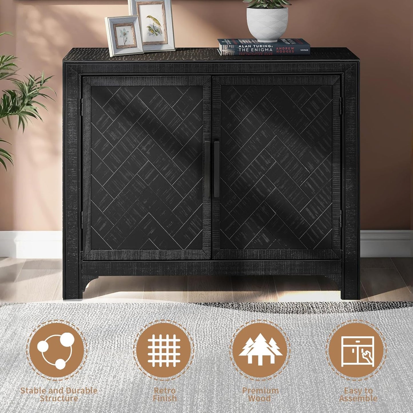 HMFULE 40" Sideboard Cabinet 2-Doors Solid Wood, Retro Buffet Cabinet with Storage Adjustable Shelf, Console Table Accent for Hallway, Living Room, Dining Room, Kitchen, Entry Way (Black)