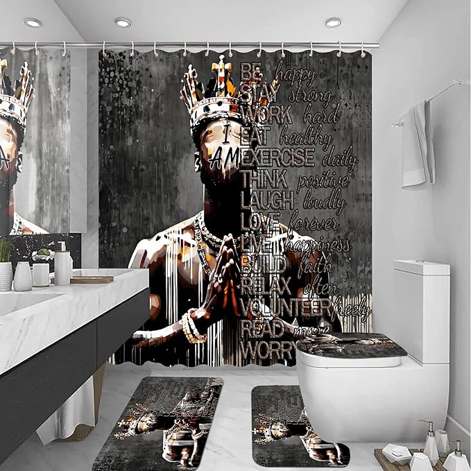 4Pcs Cool Black King Shower Curtain Set with Waterproof Shower Curtain Bath Mat Rug and Toilet Lid Cover, Inspirational Quote African American King Bathroom Decor Set for Man