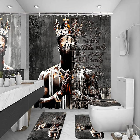 4Pcs Cool Black King Shower Curtain Set with Waterproof Shower Curtain Bath Mat Rug and Toilet Lid Cover, Inspirational Quote African American King Bathroom Decor Set for Man