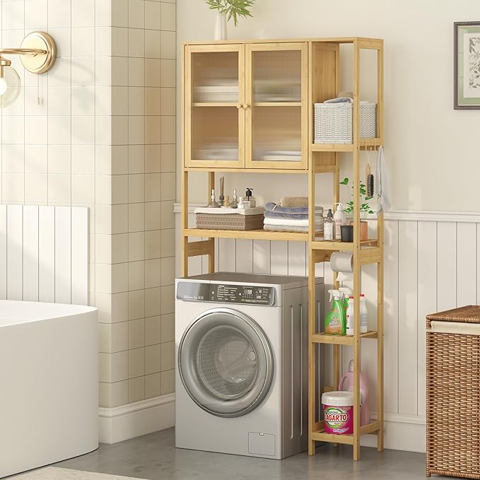 Over The Toilet Storage Cabinet Above Toilet Bathroom Organizer with Toilet Paper Holder Stand Bath Organizer with Adjustable Shelves & Acrylic Doors,Anti-Tip Device (Nature, 3 Tiers with Cabinet)