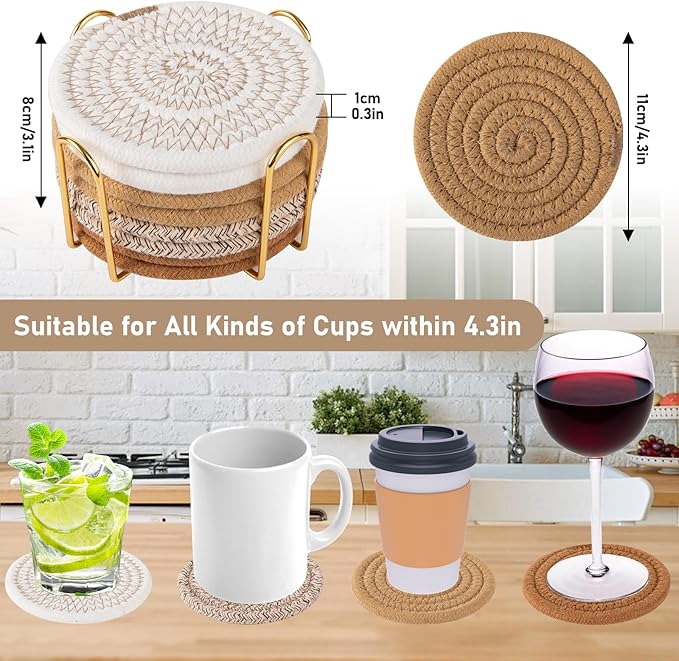 OIAHOMY 8 Pcs Coasters with Holder, Coasters for Drinks, Woven Cotton Absorbent Coaster Set for Kinds of Cups, Housewarming Gifts for Home Decor -Yellow