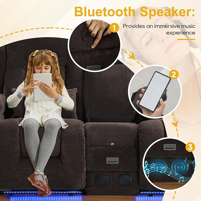 IPKIG 67" Power Reclining Loveseat Sofa, Electric Home Theater Seating with Console/4 Colors Ambient Lighting/Bluetooth Speakers/USB Ports/Built-in Outlets (Coffee, Loveseat Recliner)