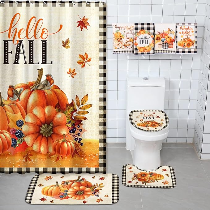 8 Pcs Hello Fall Grid Shower Curtain Set for Bathroom Include Harvest Autumn Pumpkin Shower Curtain Towels Non Slip Rugs Toilet Lid Cover Bath Mat and 12 Hooks for Autumn Bathroom Decor